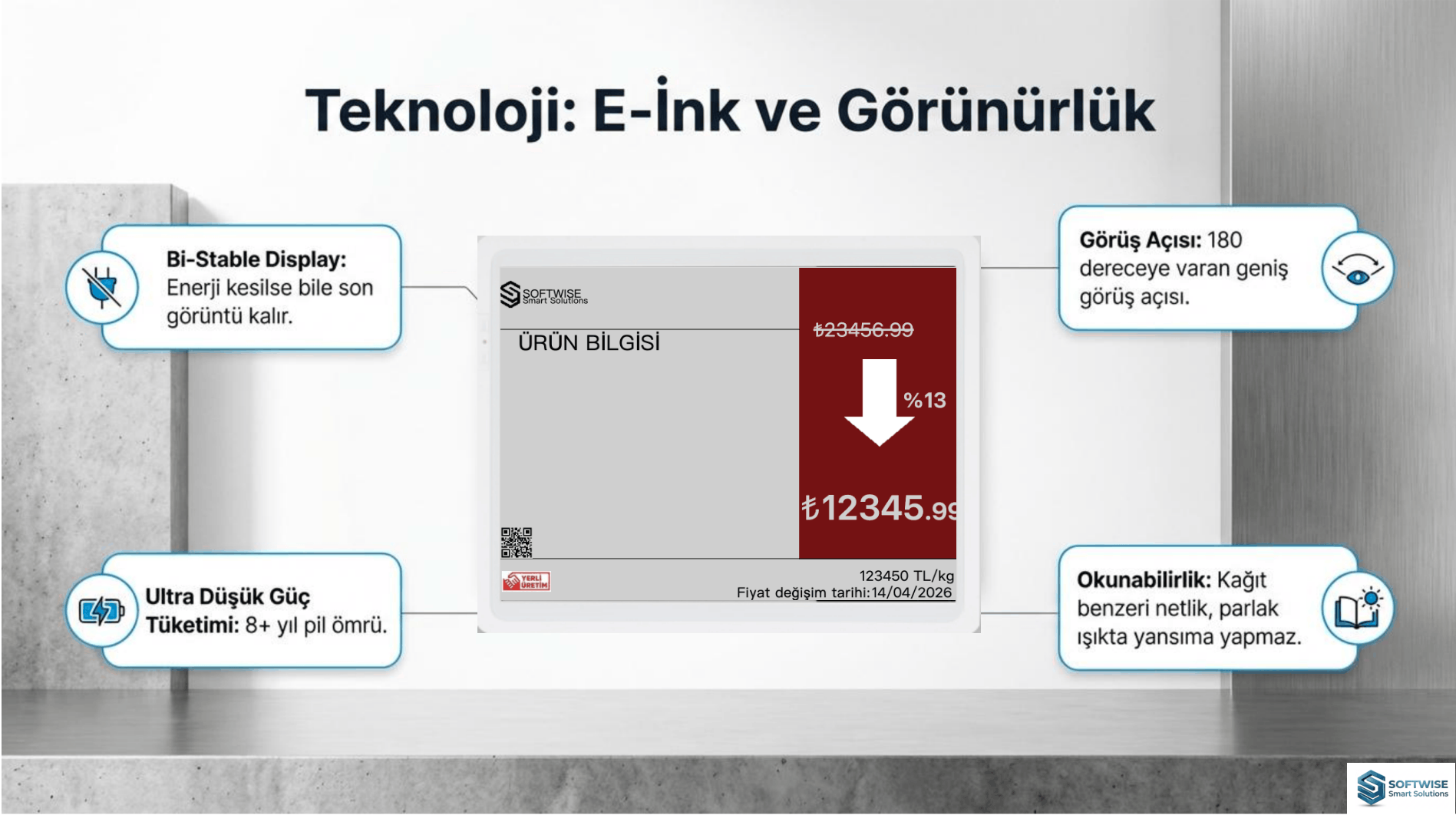 Elektronik raf etiketi (ESL) e-ink teknolojisinin avantajları.Enerji kesilse bile son görüntü kalır, Geniş görüş açısı sağlar, 8 yıl gibi uzun pil ömrü vardır, Yüksek okunabilirlik sağlar